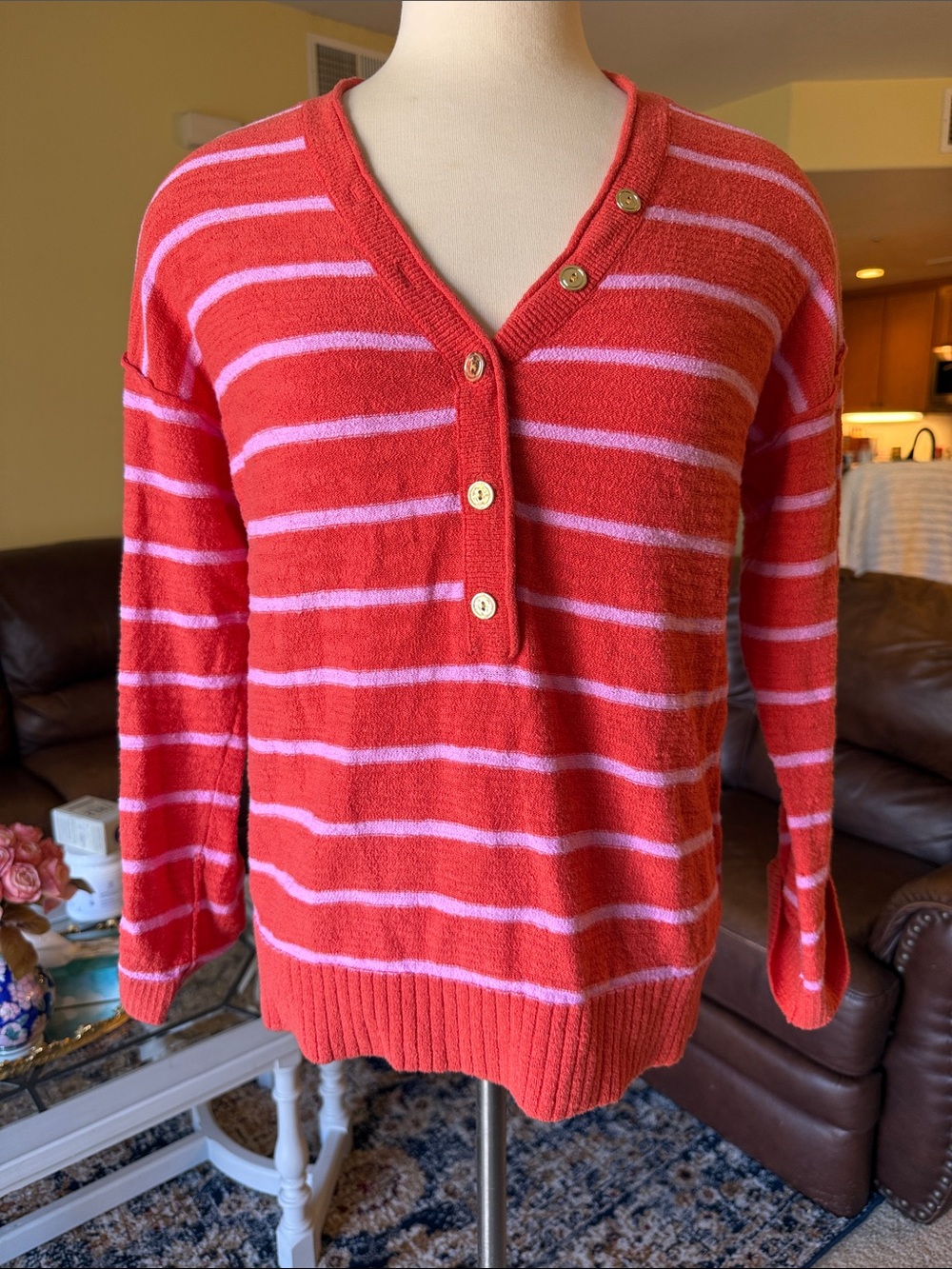 LOFT Coral & Pink Striped V-Neck Button Sweater